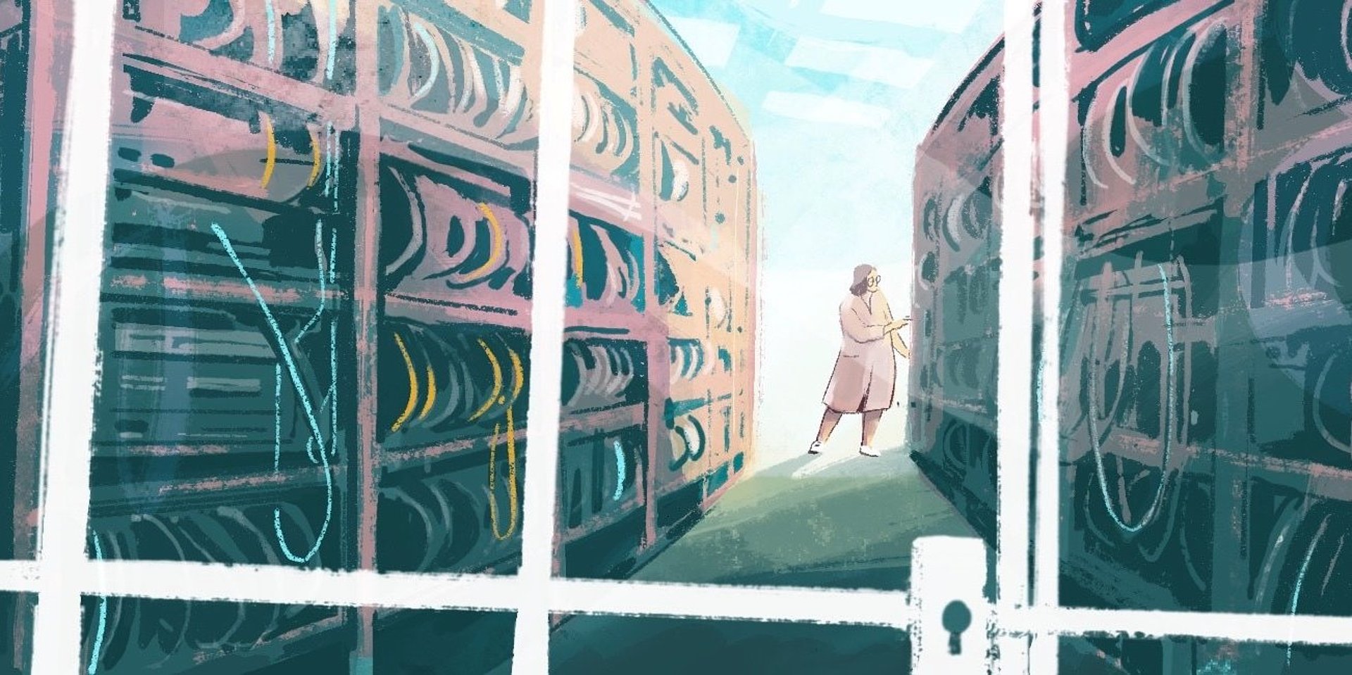 Illustration einer Person zwischen hohen Archivregalen