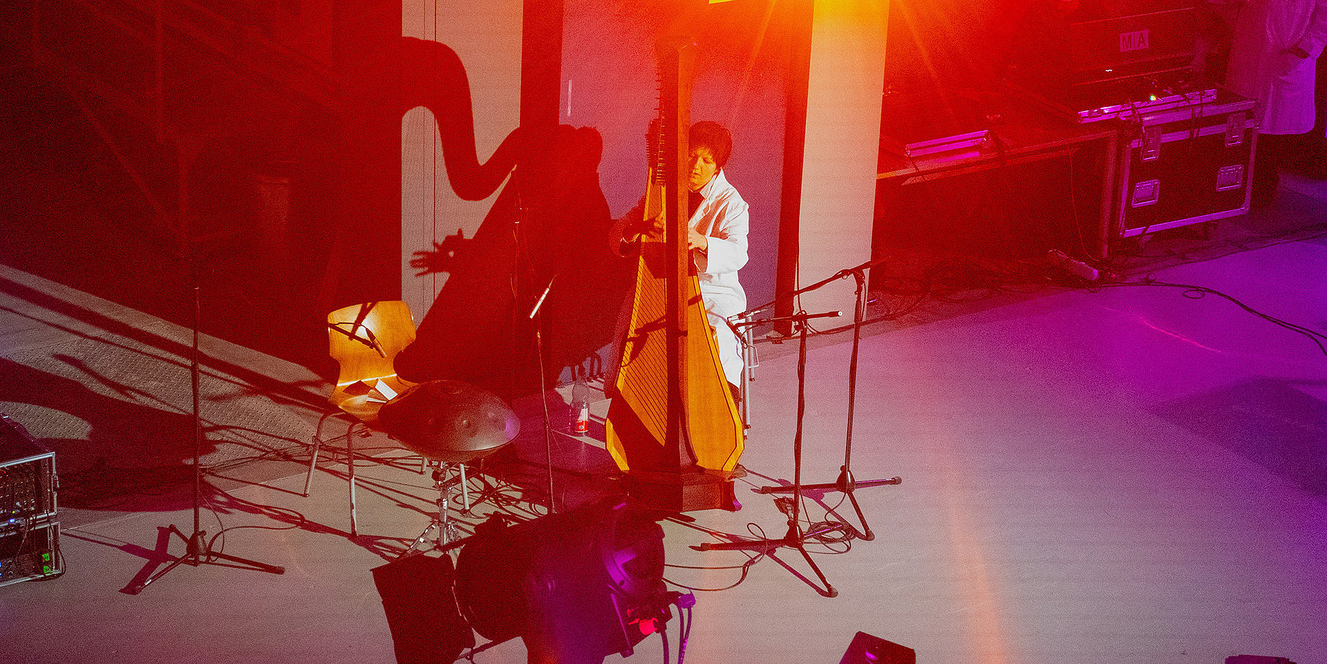 Wasserbauhalle in orange-roten Farbtönen, Harfenistin am Instrument