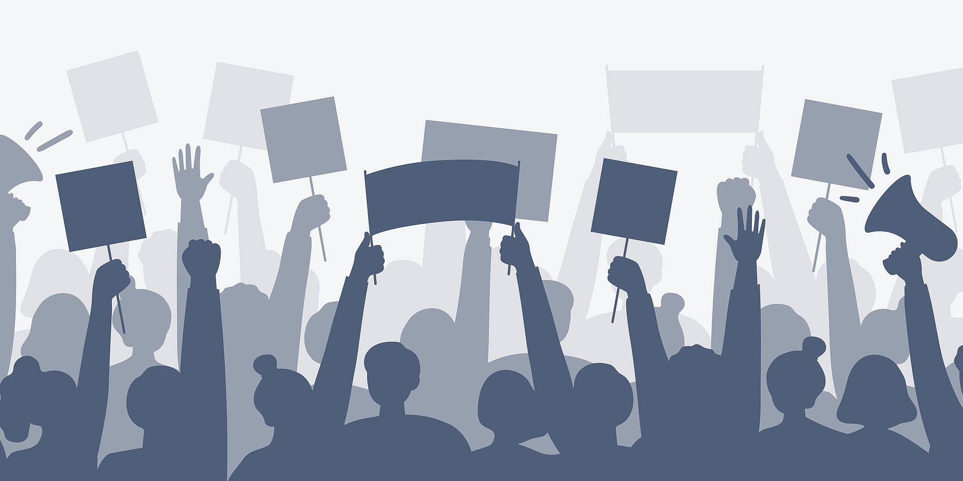 Grafik in Grautönen zeigte die Silhouetten von Menschen auf eine Demonstration.
