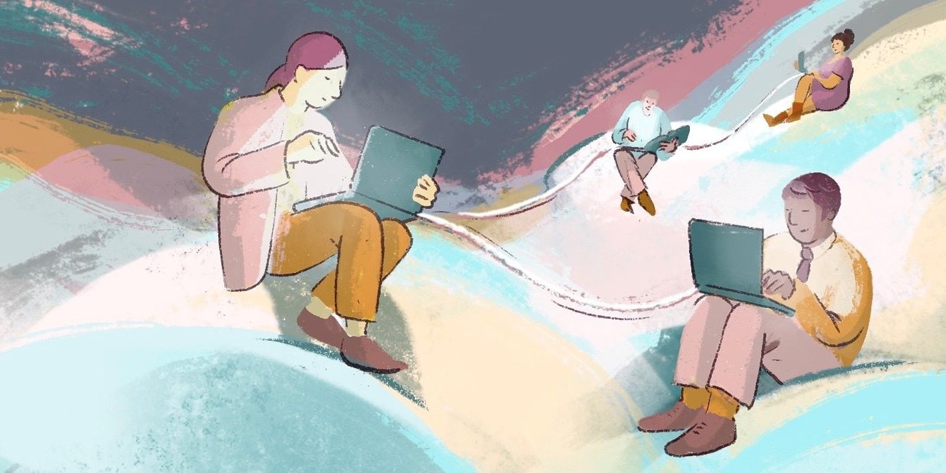 Illustrtaion Lesende und Studierende Menschen auf "Datenhügeln".