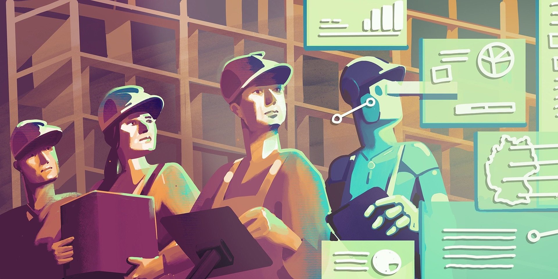 Illustration zum Thema digitalisierter Arbeitsalltag.