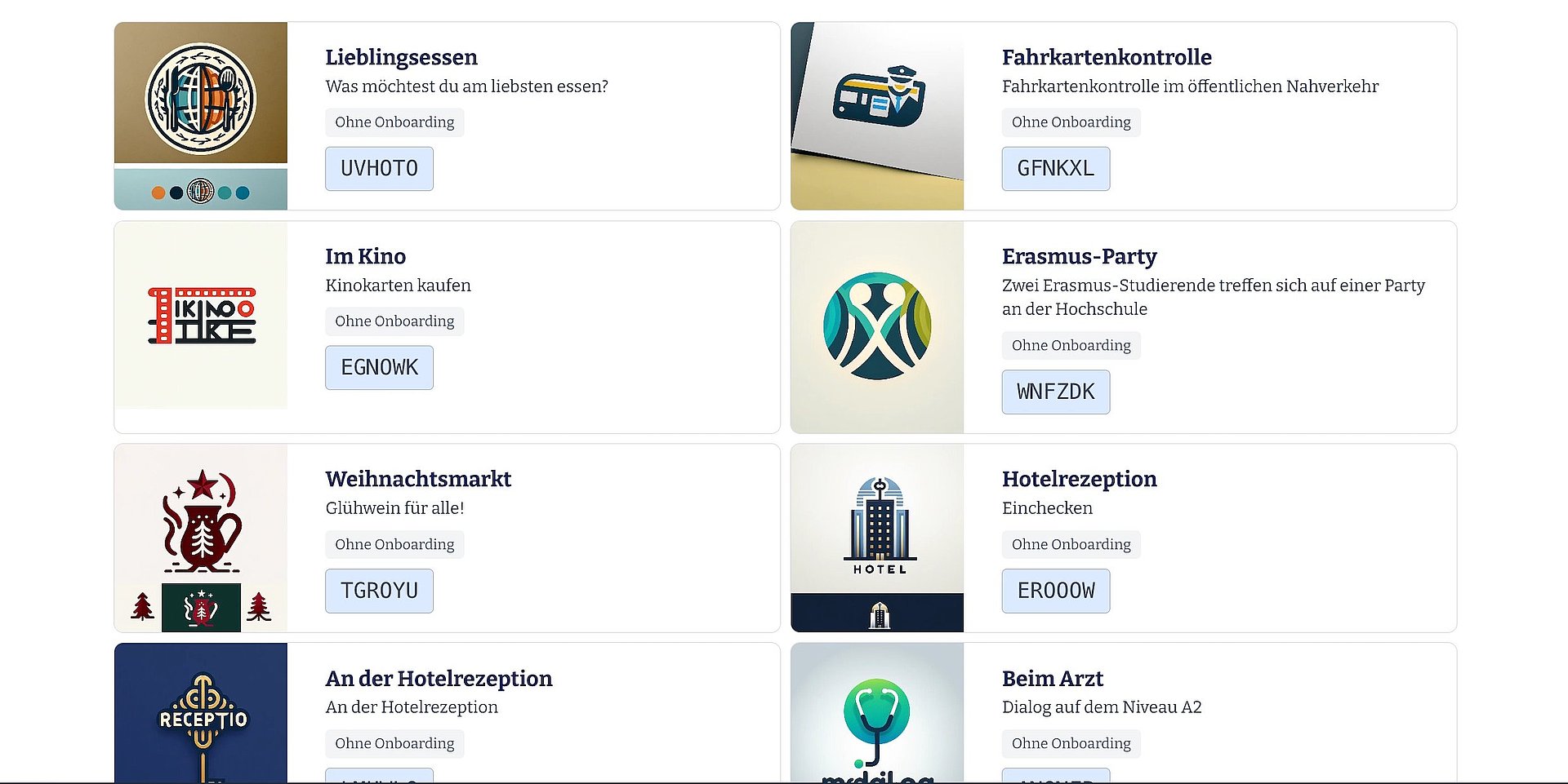 Screenshot von der neuen Lernapp mit verschiedenen Kapiteln zu typischen Lernsituationen.