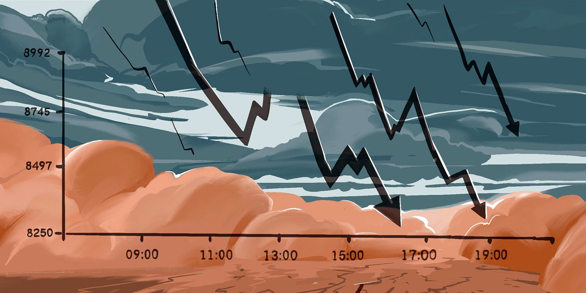 Illustration: Blitze schießen aus dunklen Wolken hervor.