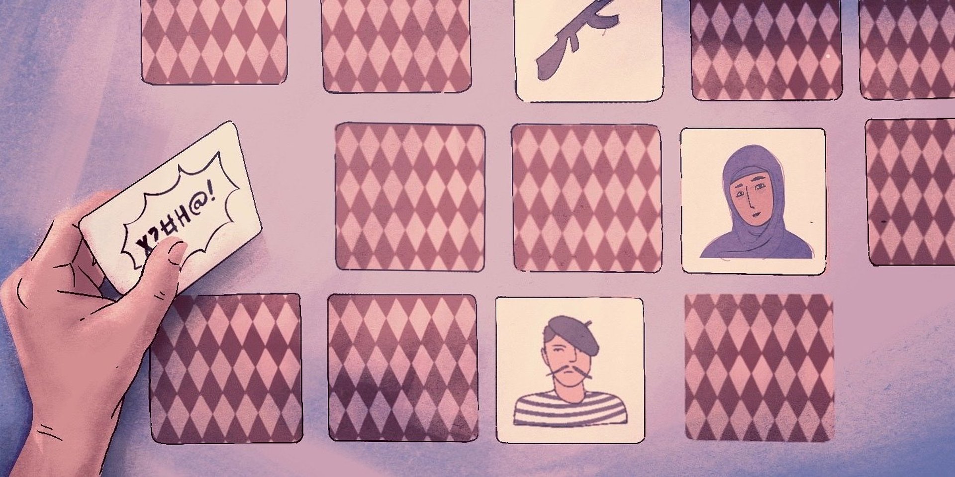 Illustration: Memory-Karten mit Klischees über verschiedene Personengruppen.