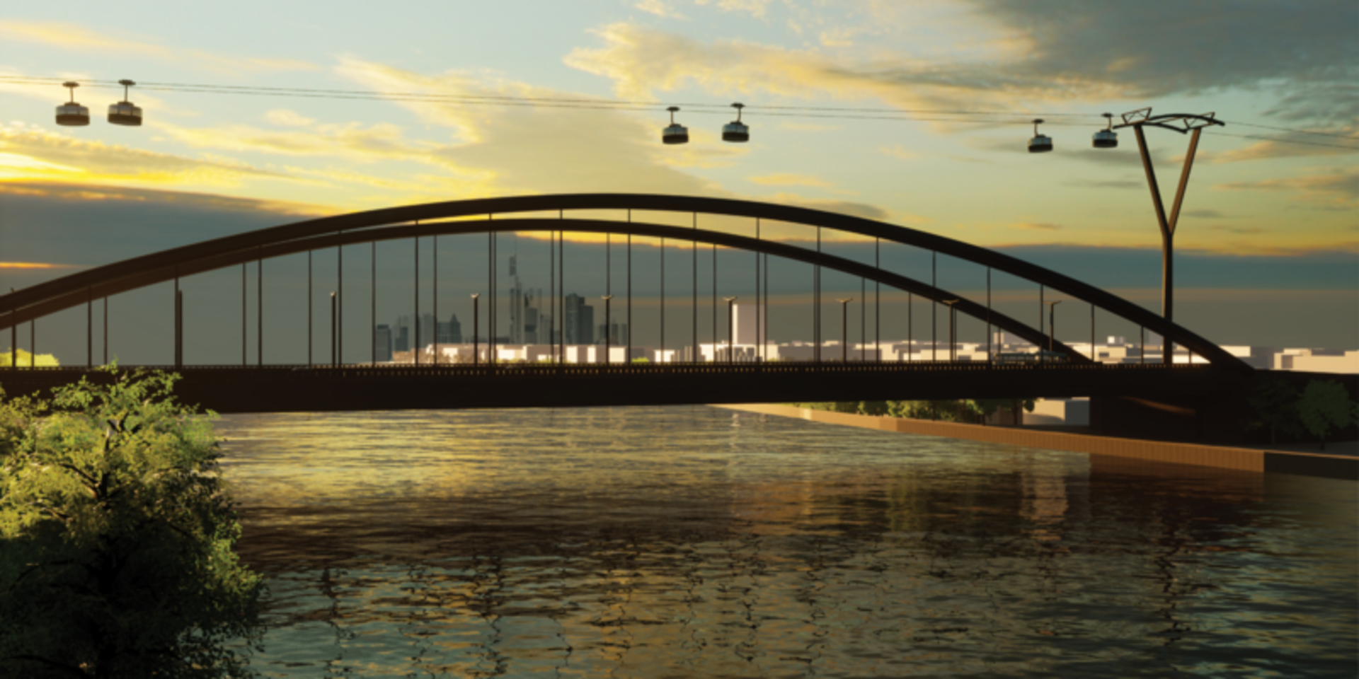 Rendering einer Seilbahn vor dem Hintergrund der Frankfurter Skyline mit abendlichem Wolkenhimmel